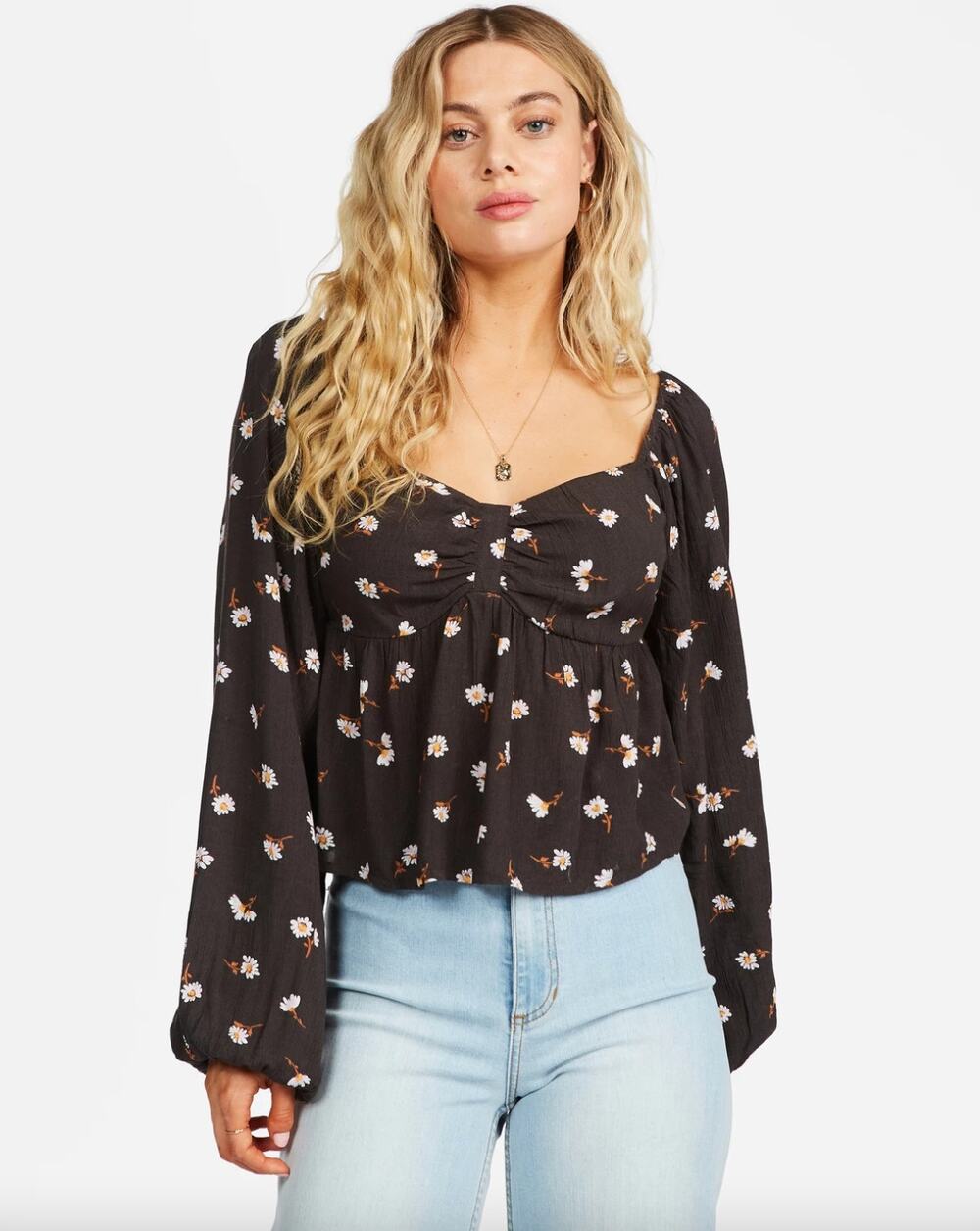 Billabong Love You More Floral Print Sweetheart Crop Blouse Size L Beach Boho